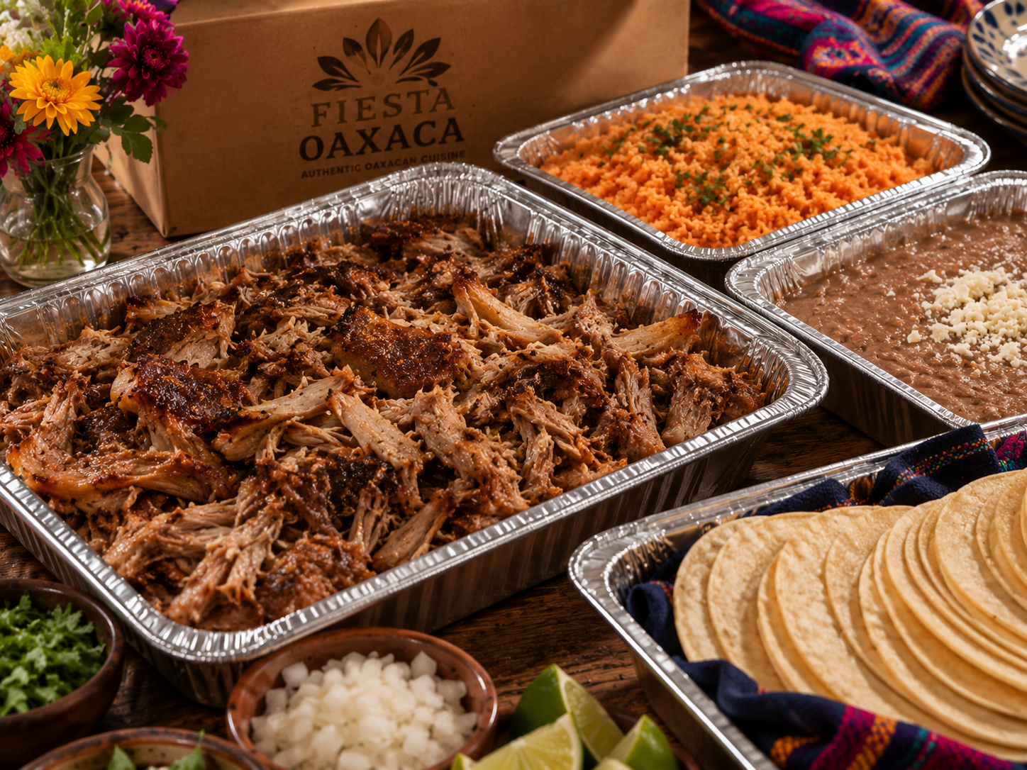 Michoacán carnitas spread with tortillas and salsas