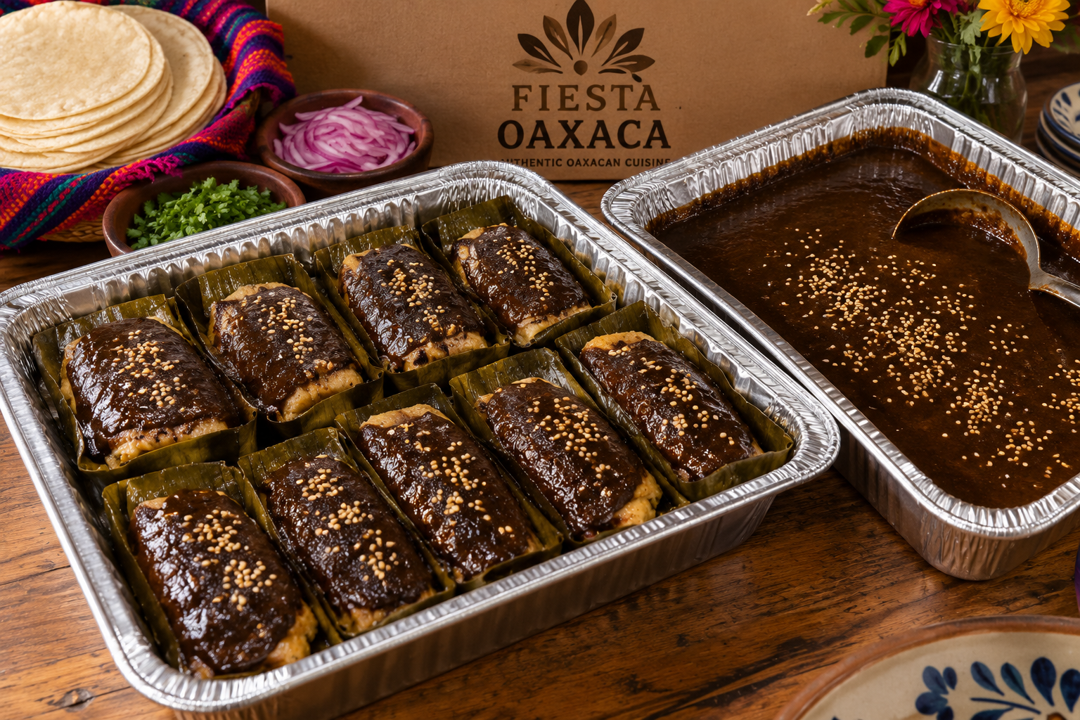 Oaxacan tamal in banana leaf covered in mole