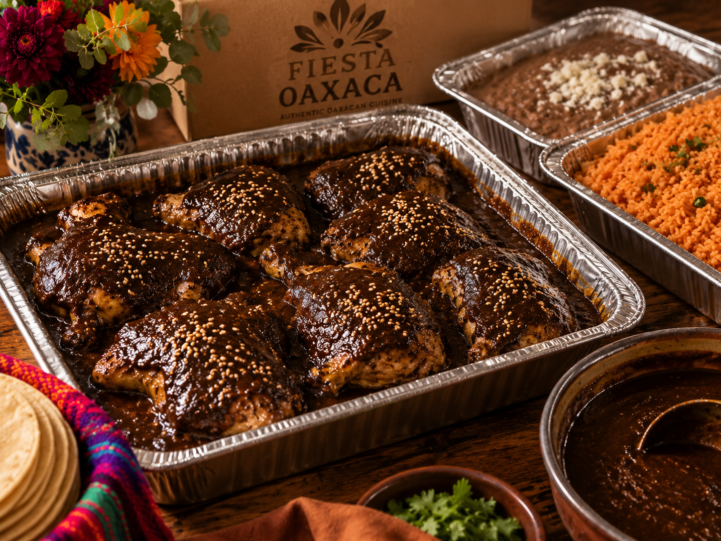 Chicken covered in Oaxacan mole served with rice
