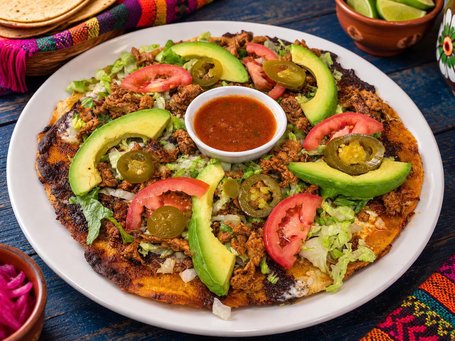 Traditional Oaxacan Tlayuda with beans, cheese, and salsa
