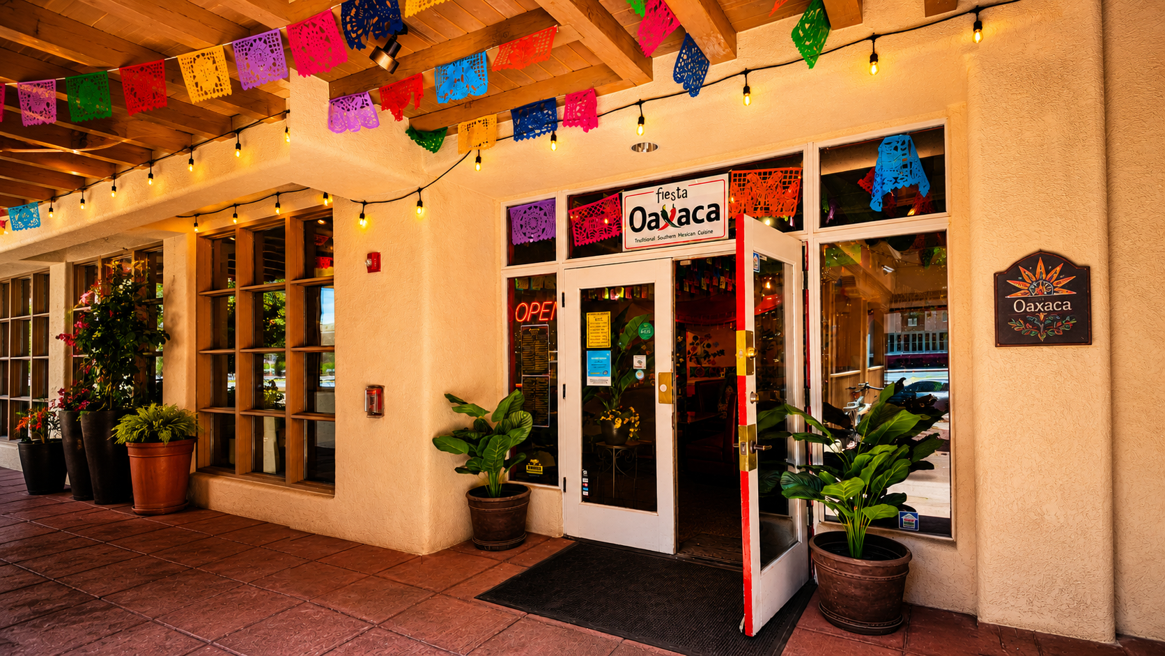 Historic adobe restaurant entrance in downtown Santa Fe